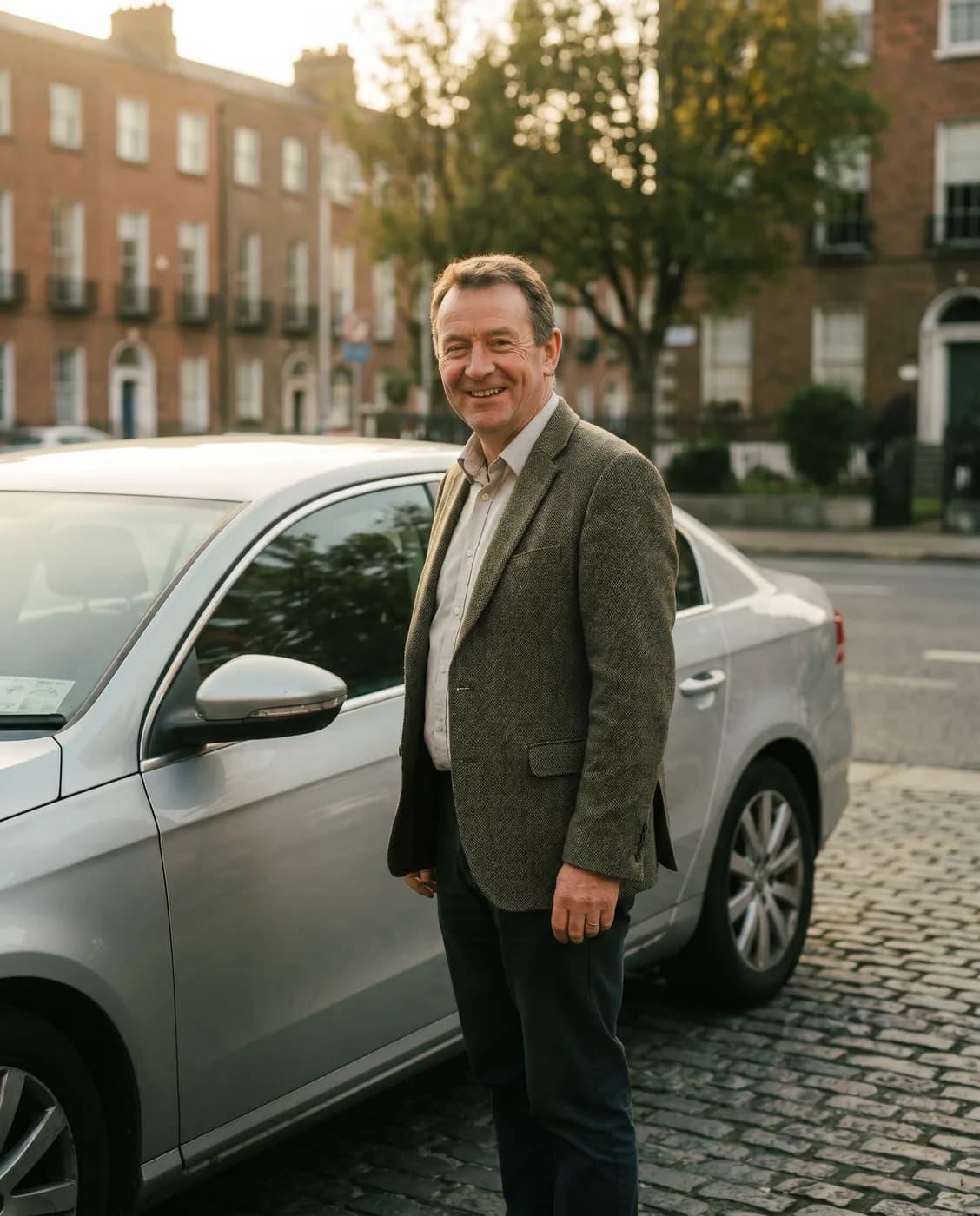 An AJDSL private hire driver beside their car on a Dublin street